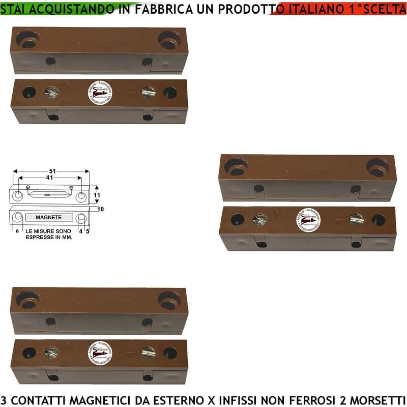 foto del prodotto protezione porte contatto magnetico da esterno tre pezzi sensore allarme reed uscita nc sensibilit magnetica 13 mm tensione transito max 30 v 0,5 a