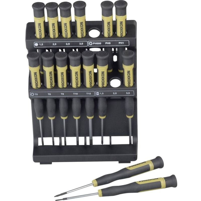 foto del prodotto proxxon kit cacciaviti elettronica e meccanica di precisione 15 parti micromot micro taglio, croce phillips, esalobo in