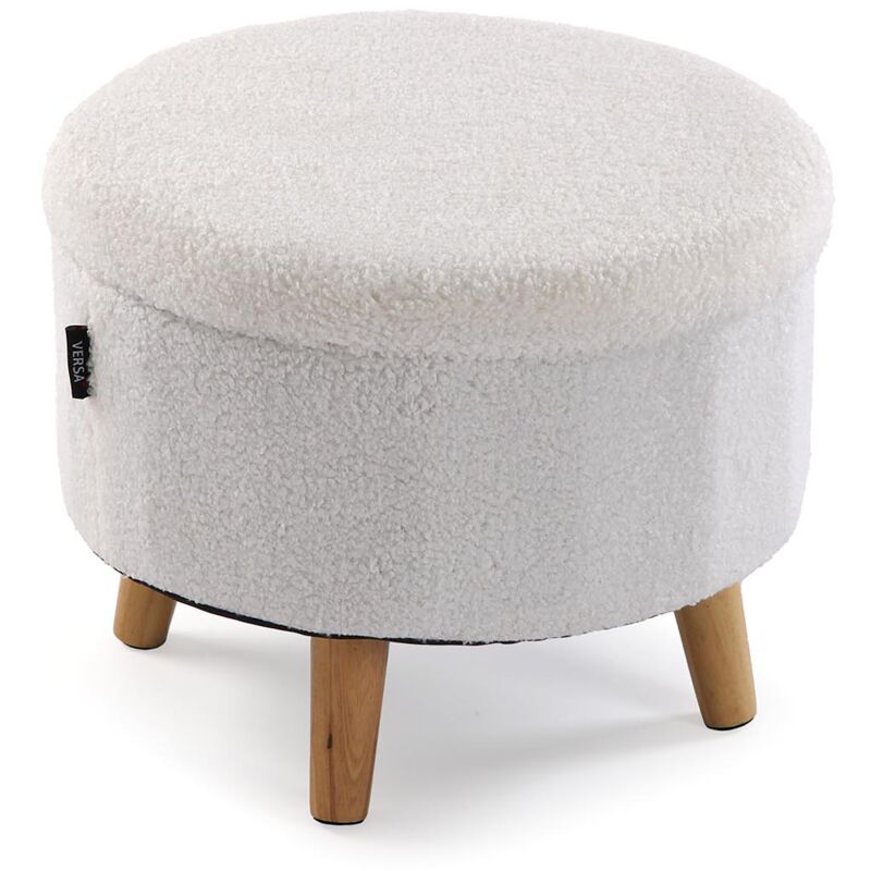 foto del prodotto puff rotondo con contenitore coperchio seduta apribile piedini in legno bianco h30 d40 cm sgabello complemento d arredo