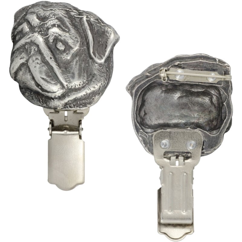 foto del prodotto pug, carlin spilla con clip, porta numero di partenza, distintivo argentato per esposizioni canine di art dog