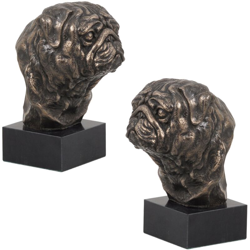 foto del prodotto pug, carlin statuetta di cane, busto su base in pietra, scultura, trofeo per la mostra canina del marchio art dog