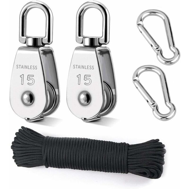 foto del prodotto puleggia di sollevamento, 2 pezzi 15 mm 304 in acciaio inossidabile, 2 pezzi m15 puleggia singola, per corde e cavi, con corda da arrampicata da 8 mm