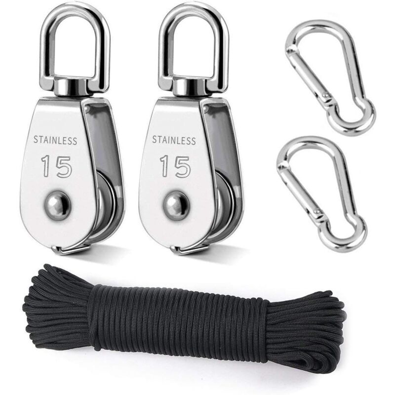 foto del prodotto puleggia di sollevamento, 2 pezzi 15mm 304 puleggia in acciaio inossidabile, 2 pezzi m15 puleggia singola, per corde e cavi, con corda da arrampicata