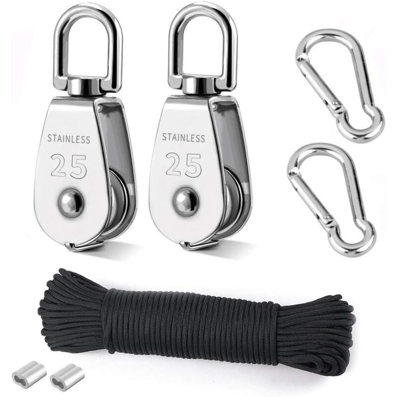 foto del prodotto puleggia di sollevamento, 2 pezzi 25 mm 304 puleggia in acciaio inossidabile, 2 pezzi m25 puleggia singola, per corde e cavi, con corda da