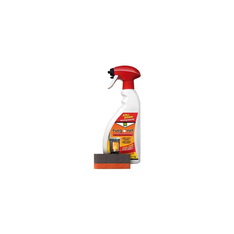 foto del prodotto pulito fuegonet. spray pulito per stufe, cucine e forni. hollin solvente, resine, grassi e catrame. stivali per la pulizia per stufe da 1 l con spugna