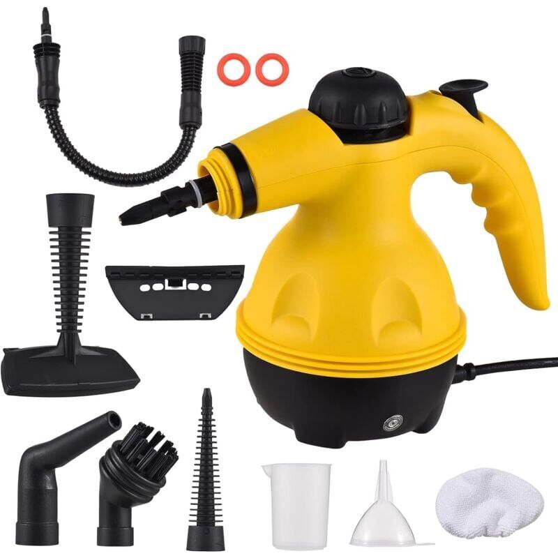 foto del prodotto pulitore a vapore portatile da 1000 w, pressione 3 bar, riscaldamento rapido da 300 ml, con ugello girevole, blocco di sicurezza e accessori per la
