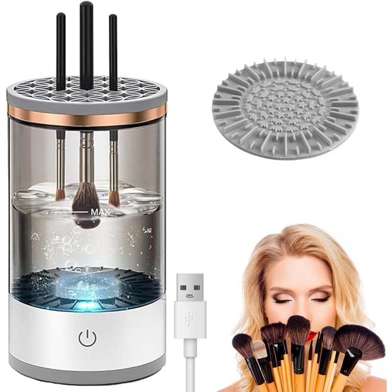 foto del prodotto pulitore elettrico per pennelli da trucco, alimentato tramite usb, compatibile con pennelli di tutte le dimensioni, pulizia profonda e veloce per
