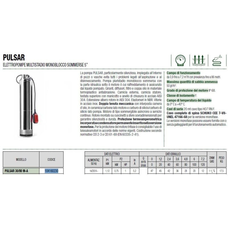 foto del prodotto pulsar 30 80 m a 1 hp 1x230 v elettropompa sommersa monofase pluristadio 60210505 dab