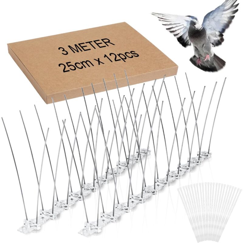 foto del prodotto punta anti piccioni in acciaio inox 3m 12x25 cm con 24 fascette di plastica anti uccelli per spaventare piccioni, passeri, corvi, gatti, punta