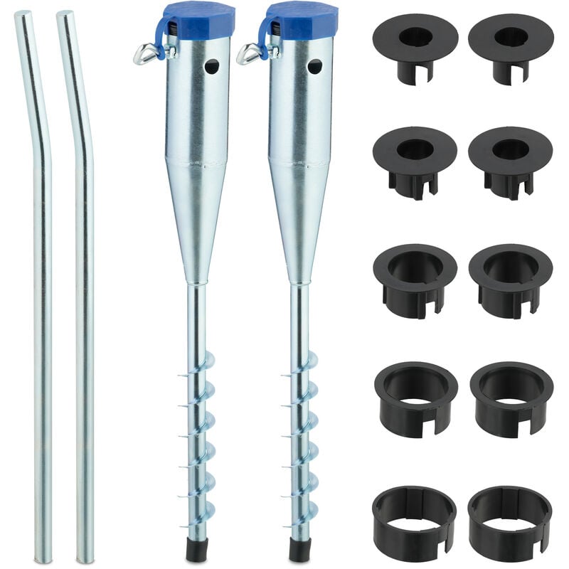 foto del prodotto puntale reggiombrellone e stendini, set da 2, trivella a vite, infilare e avvitare, 25 55 mm, argentato blu relaxdays