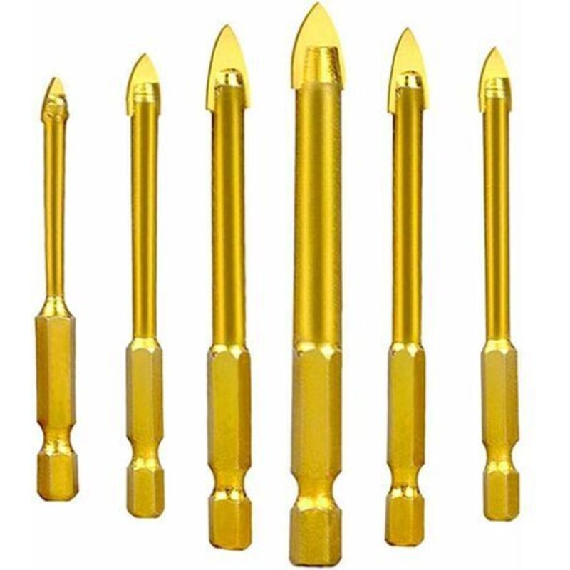 foto del prodotto punte da trapano in acciaio al tungsteno per vetro, ceramica, piastrelle e cristallo, con gambo esagonale, rivestite in titanio, 3 mm, 4 mm, 5 mm, 6