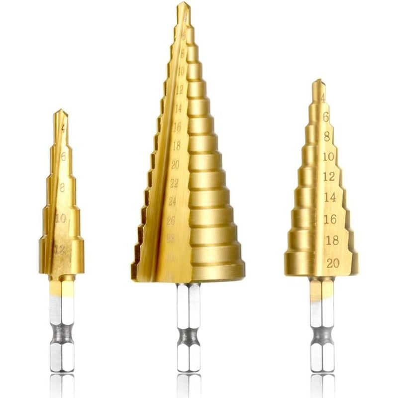 foto del prodotto punte per trapano a gradini hss, in acciaio inossidabile, 4-12 20 32 mm, triangolari coniche in titanio, con gambo esagonale, per foratura con