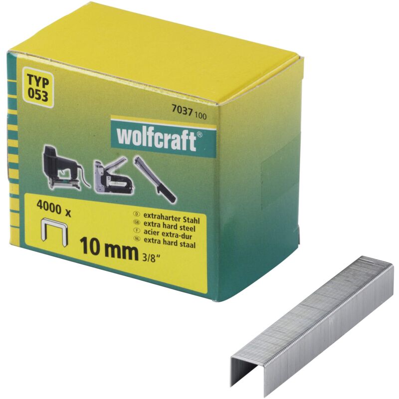 foto del prodotto punti dorso largo, acciaio extra duro, tipo 053 i 7037100 i ideali per il fissaggio di tessuti e listelli di legno wolfcraft