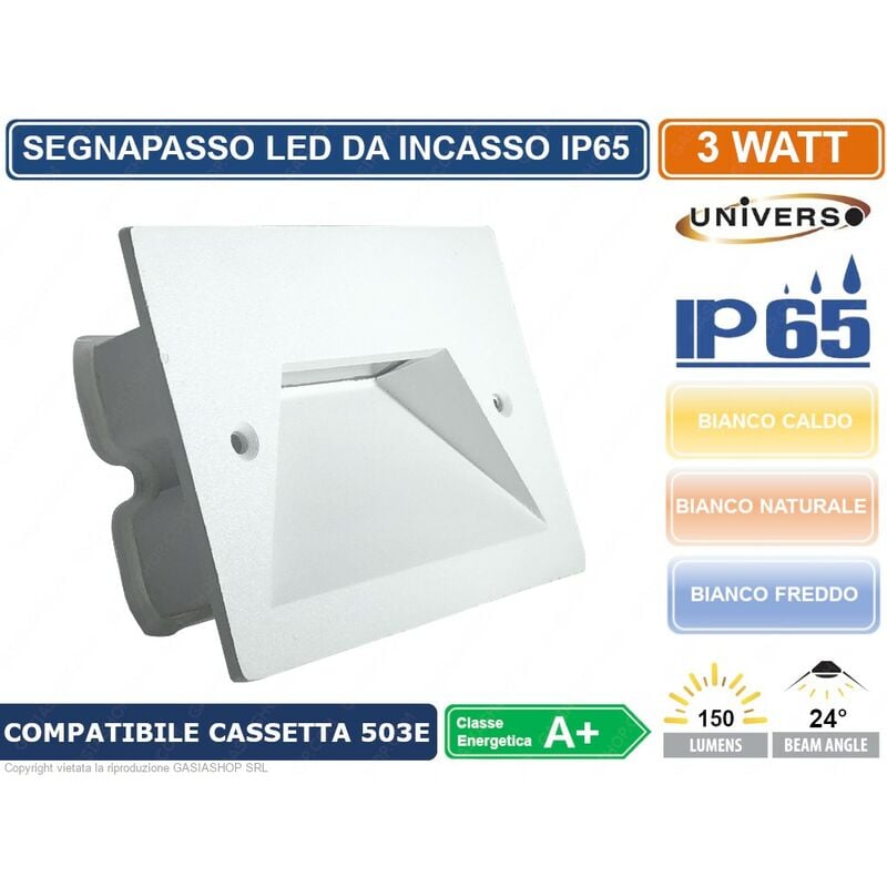 foto del prodotto punto luce segnapasso led rettangolare colore bianco montaggio a incasso 503e 3w 24 da esterno ip65 colore luce bianco freddo