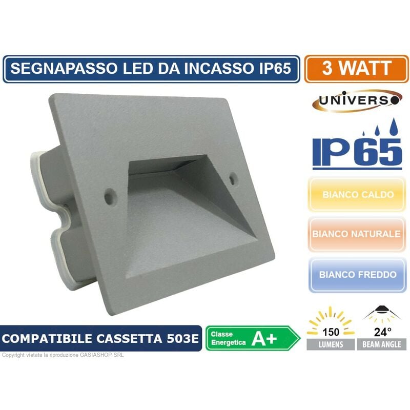 foto del prodotto punto luce segnapasso led rettangolare colore grigio montaggio a incasso 503e 3w 24 da esterno ip65 colore luce bianco caldo