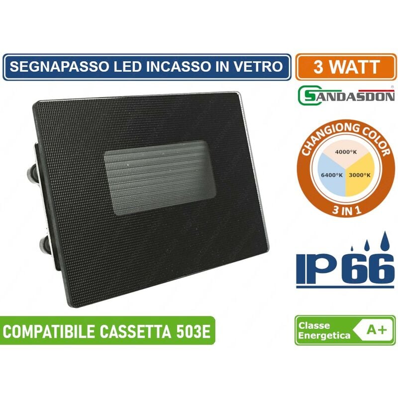 foto del prodotto punto luce segnapasso led rettangolare in vetro nero montaggio a incasso 503e 3w da esterno ip66