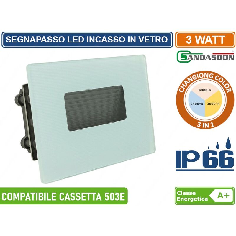 foto del prodotto punto luce segnapasso led rettangolare in vetro opacio montaggio a incasso 503e 3w da esterno ip66