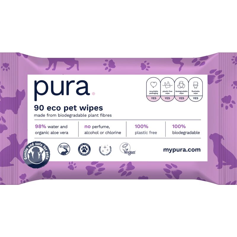 foto del prodotto pura salviette per animali e cani, 90 salviette confezione da 1 , 100 senza plastica, 100 biodegradabili, salviette grandi per la pulizia, vegane
