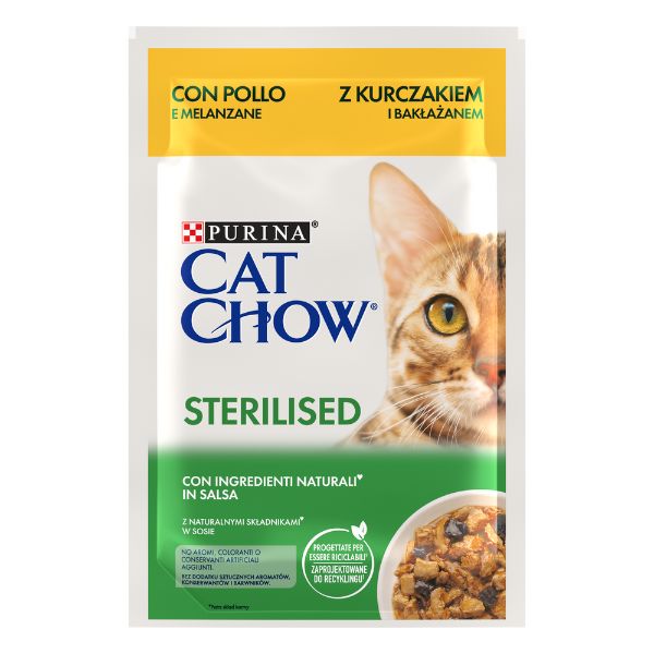 foto del prodotto purina cat chow sterilised cibo umido per gatti 85 gr - pollo e melanzane - confezione da 26 pezzi - cibo umido per gatti - 1 ordine scegli lo sconto bzr5 bzr20 200 punti fedeltà
