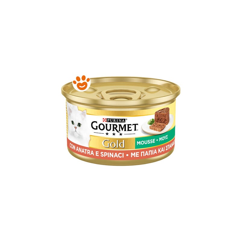 foto del prodotto purina cat gourmet gold mousse con anatra e un tocco di spinaci cat gourmet gold mousse con anatra e un tocco di spinaci lattina da 85 gr