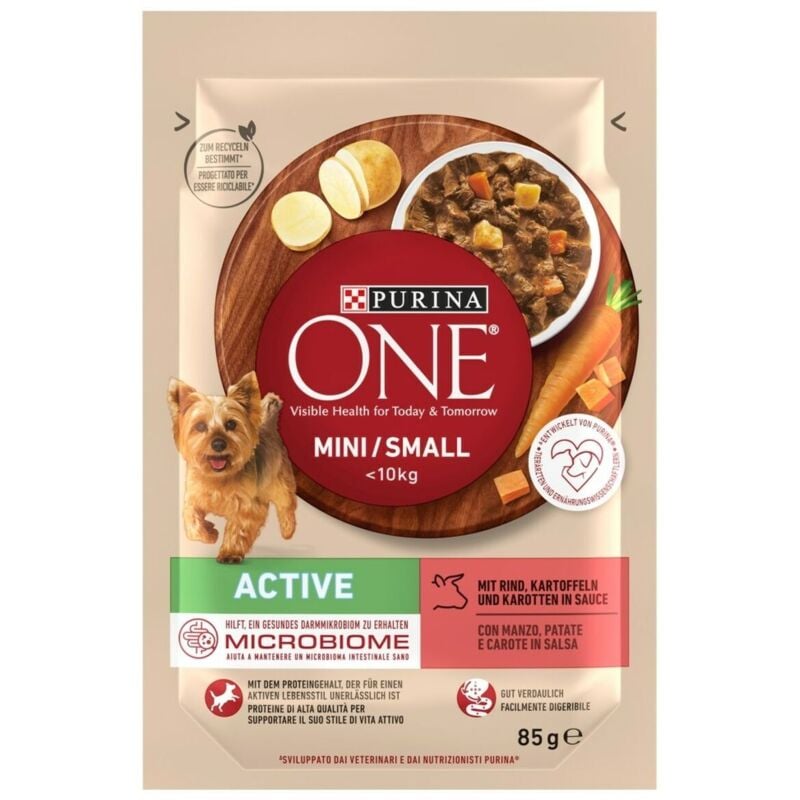 foto del prodotto purina cibo umido mini small active beef carne di manzo e vitello 85 g
