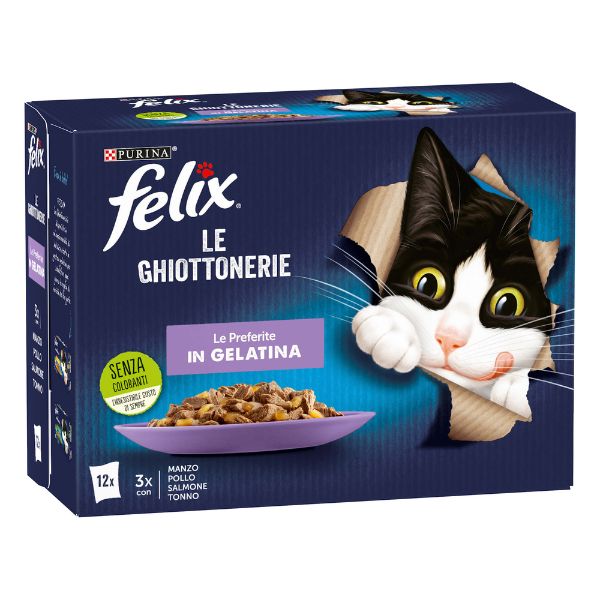 foto del prodotto purina felix le ghiottonerie le preferite in gelatina multipack 12 bustine 3x manzo 3x pollo 3x salmone 3x tonno 1 ordine scegli lo sconto bzr5 bzr20 200 punti fedelt 