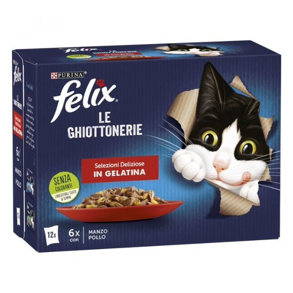 foto del prodotto purina felix le ghiottonerie selezioni deliziose in gelatina multipack 12 bustine 6x manzo 6x pollo 1 ordine scegli lo sconto bzr5 bzr20 200 punti fedelt 