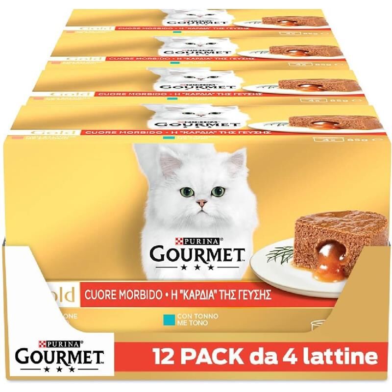 foto del prodotto purina gourmet gold set 12 pacchi da 4 pat totale 48 lattine con morbido cuore 85 gr l una pz con mtonno e salmone