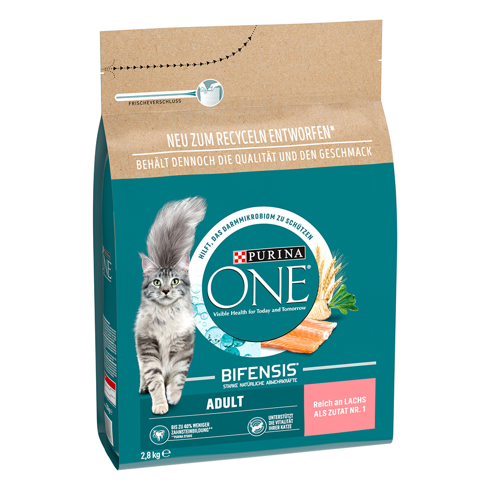 foto del prodotto purina one adult salmone cereali integrali crocchette per gatti 2,8 kg