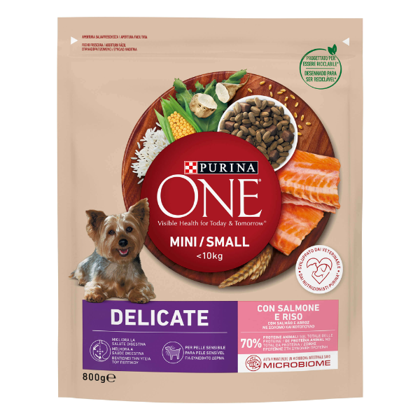 foto del prodotto purina one dog adult mini small delicate con salmone e riso 1,5 kg croccantini per cani 1 ordine scegli lo sconto bzr5 bzr20 200 punti fedelt 