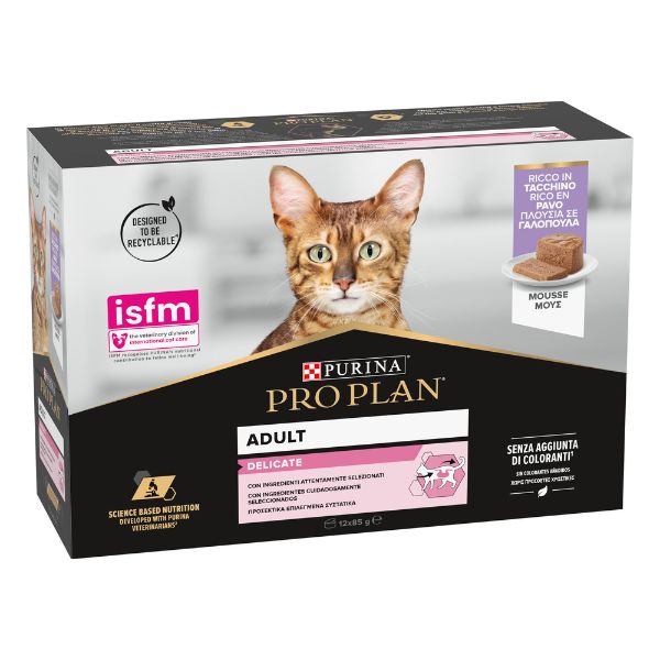 foto del prodotto purina pro plan cat adult delicate mousse multipack 12x85g tacchino 1 ordine scegli lo sconto bzr5 bzr20 200 punti fedelt 