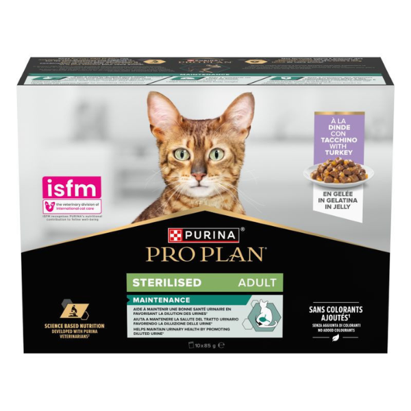 foto del prodotto purina pro plan cat adult sterilised maintenance multipack in gelatina 10x85g tacchino 1 ordine scegli lo sconto bzr5 bzr20 200 punti fedelt 