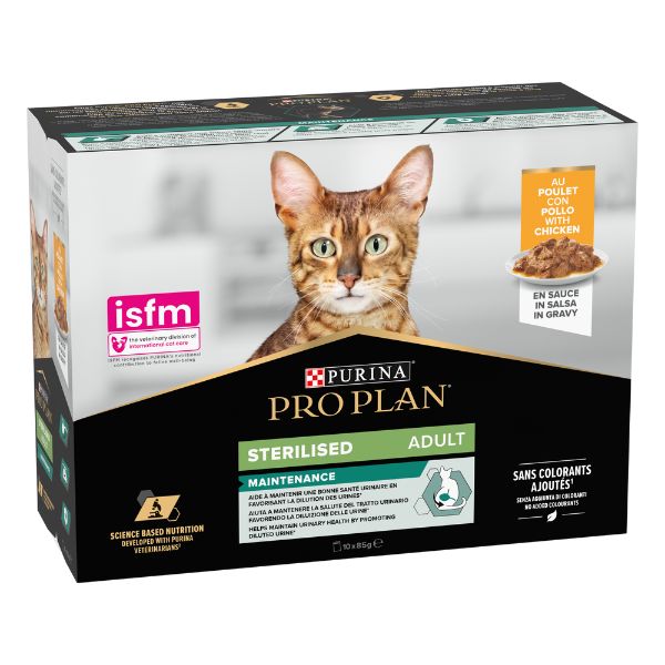 foto del prodotto purina pro plan cat adult sterilised maintenance multipack in salsa 10x85g pollo 1 ordine scegli lo sconto bzr5 bzr20 200 punti fedelt 