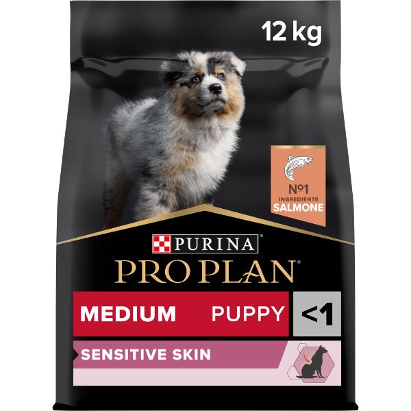 foto del prodotto purina pro plan sensitive skin medium puppy crocchette cane salmone 12 kg croccantini per cani 1 ordine scegli lo sconto bzr5 bzr20 200 punti fedelt 