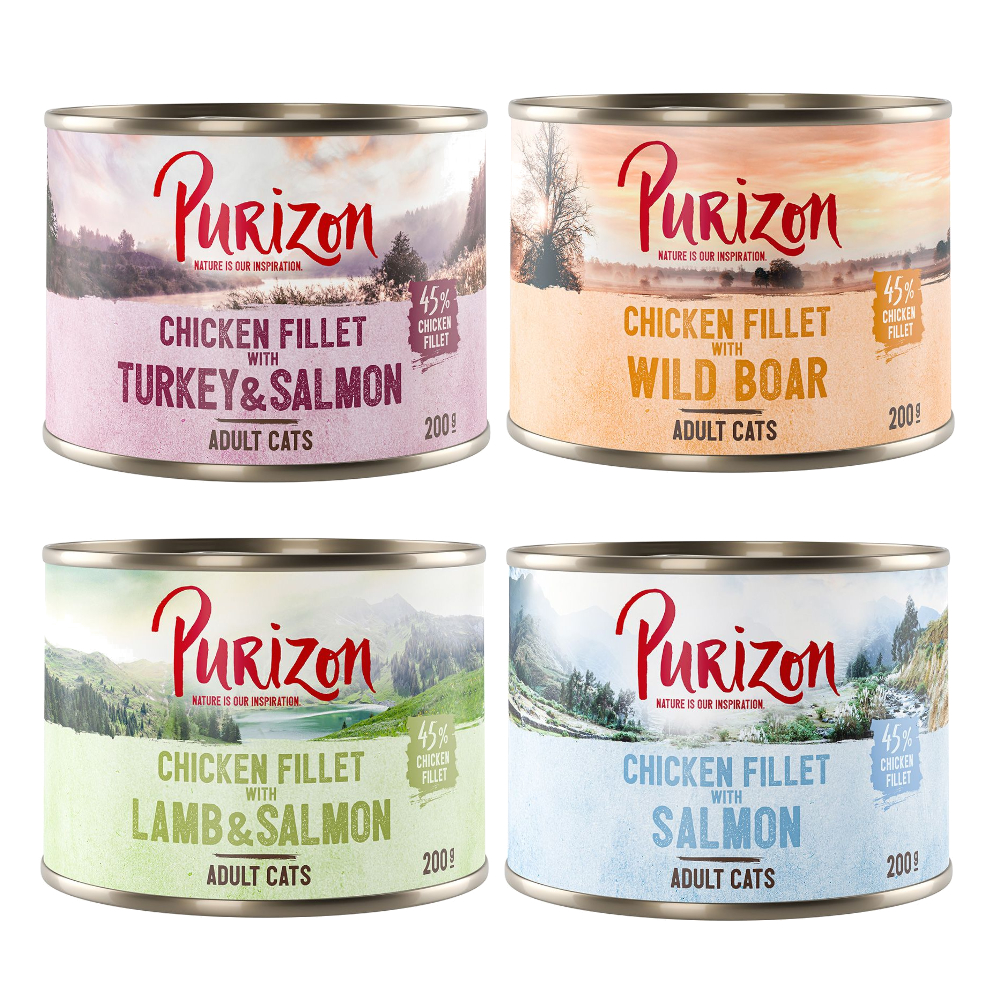 foto del prodotto purizon adult 6 x 200 g alimento umido senza cereali per gatti mix 2x salmone, 2x cinghiale, 1x agnello salmone, 1x salmone tacchino