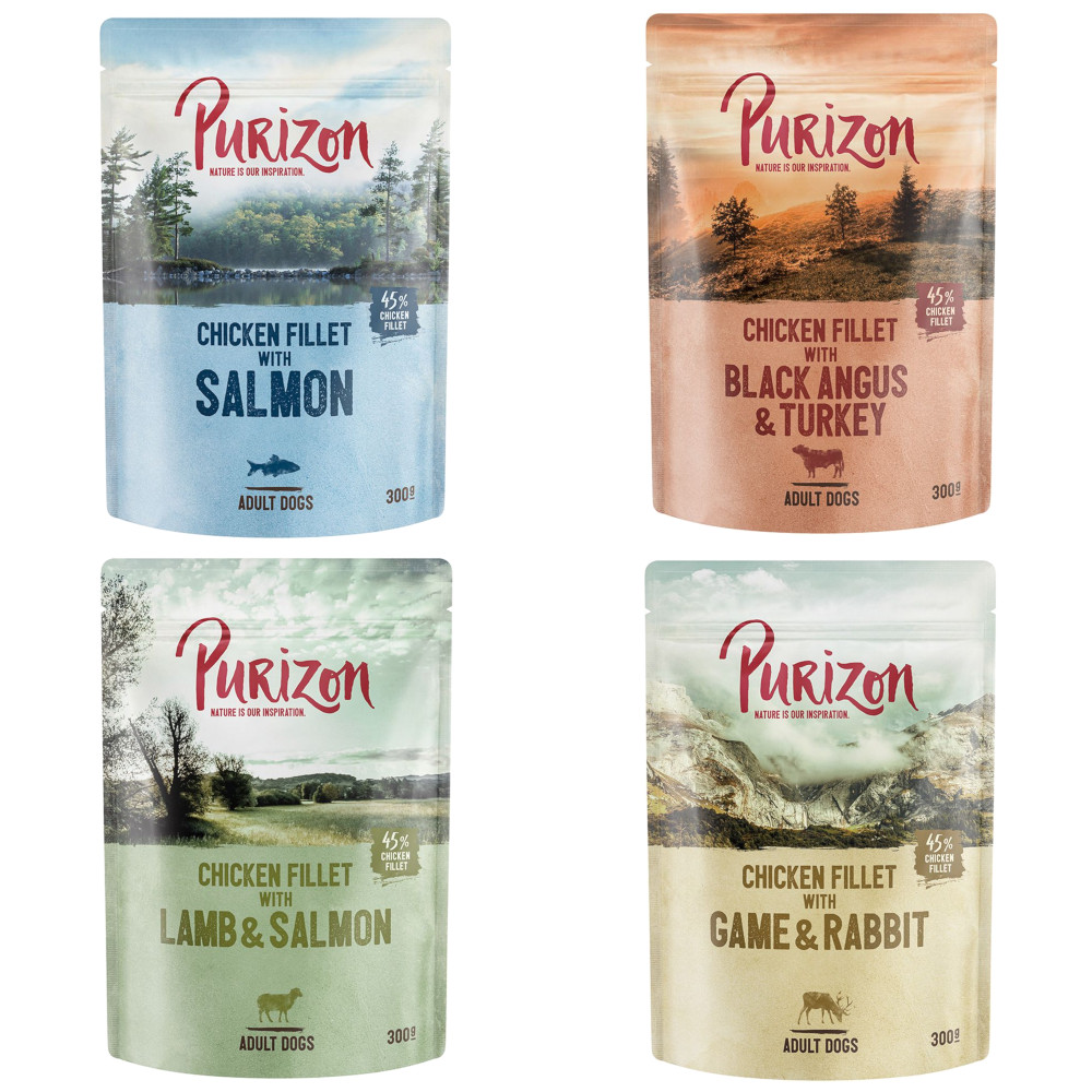 foto del prodotto purizon adult 6 x 300 g - mix: black angus con tacchino, agnello con salmone, selvaggina con coniglio, salmone