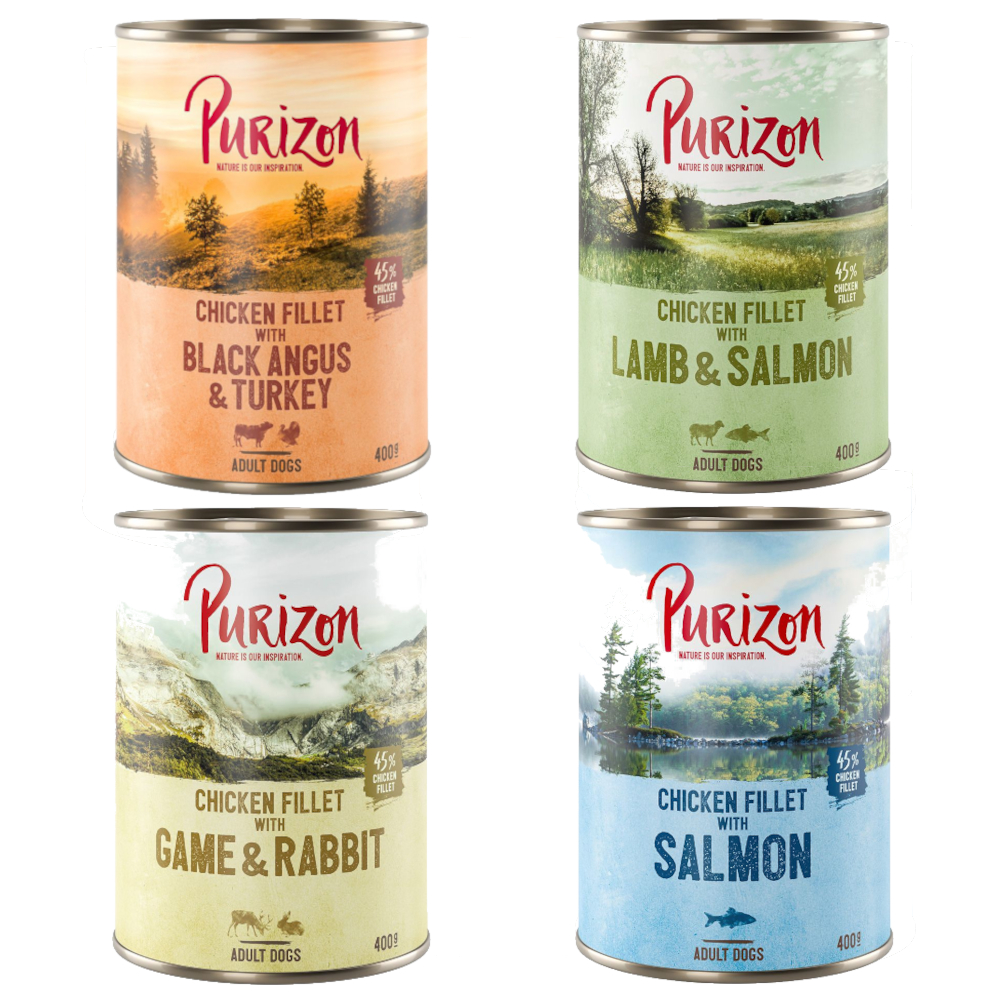 foto del prodotto purizon adult 6 x 400 g umido per cane mix 2 x black angus tacchino, 2 x agnello salmone, 1 x salmone, 1 x selvaggina coniglio