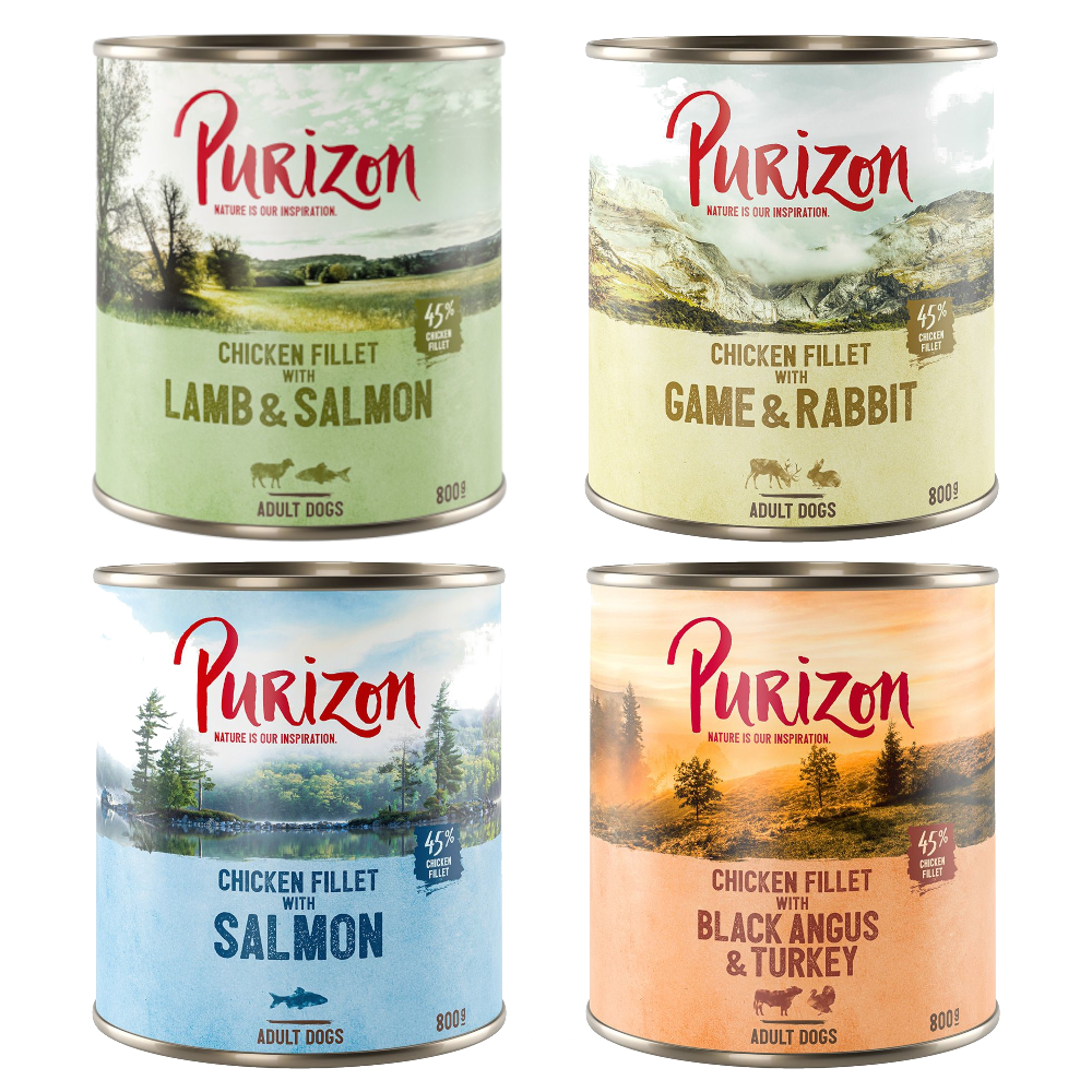 foto del prodotto purizon adult 6 x 800 g umido per cane mix black angus tacchino, salmone, selvaggina coniglio, agnello salmone