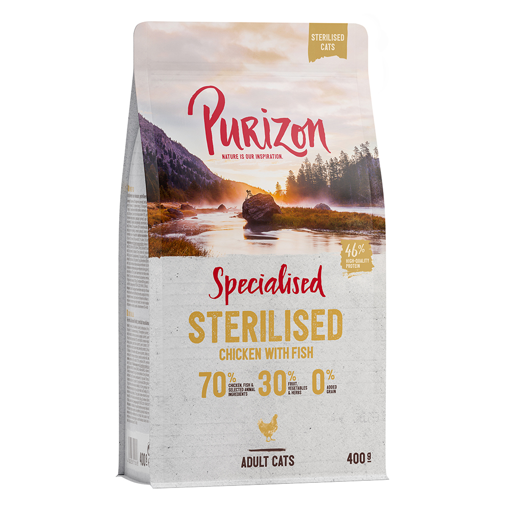 foto del prodotto purizon adult sterilised pollo pesce senza cereali crocchette gatto 400 g
