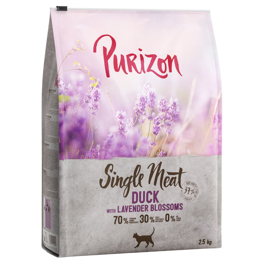 foto del prodotto purizon single meat anatra con fiori di lavanda crocchette per gatto 2,5 kg