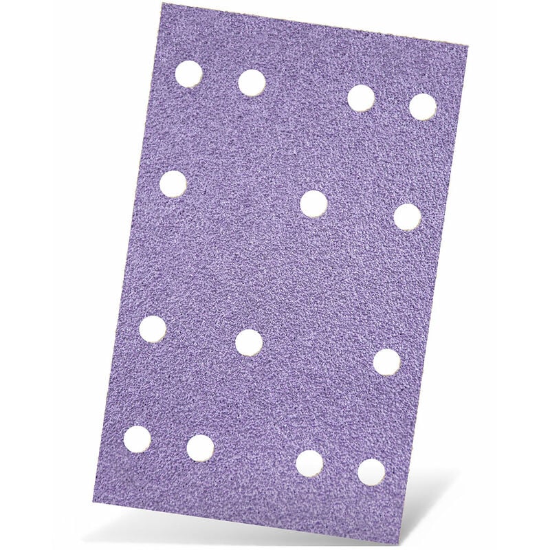 foto del prodotto purple hd carte abrasive velcrate, 133 x 80 mm, 14 fori, p. levigatrici orbitali, miscela di ceramica 50 pz. g120 menzer