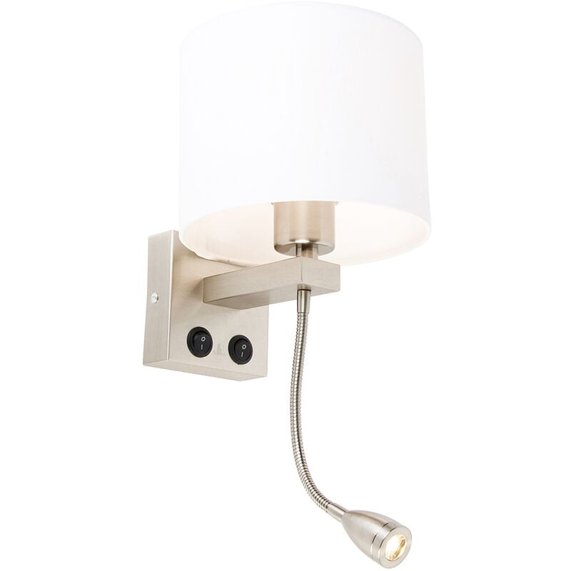 foto del prodotto qazqa applique con braccio da lettura brescia combi moderno acciaio,tessuto acciaio bianco tondo non sostituibile led max. 1 x 1 watt