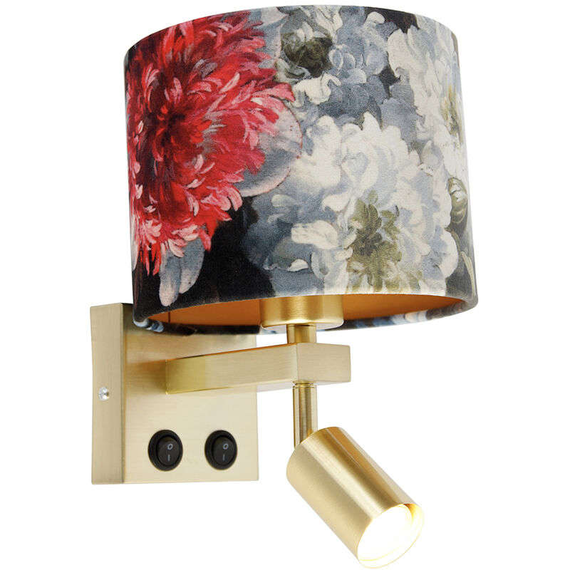 foto del prodotto qazqa applique con braccio da lettura brescia combi moderno acciaio,tessuto stampa a fiori oro ottone quadrato max. 1 x watt