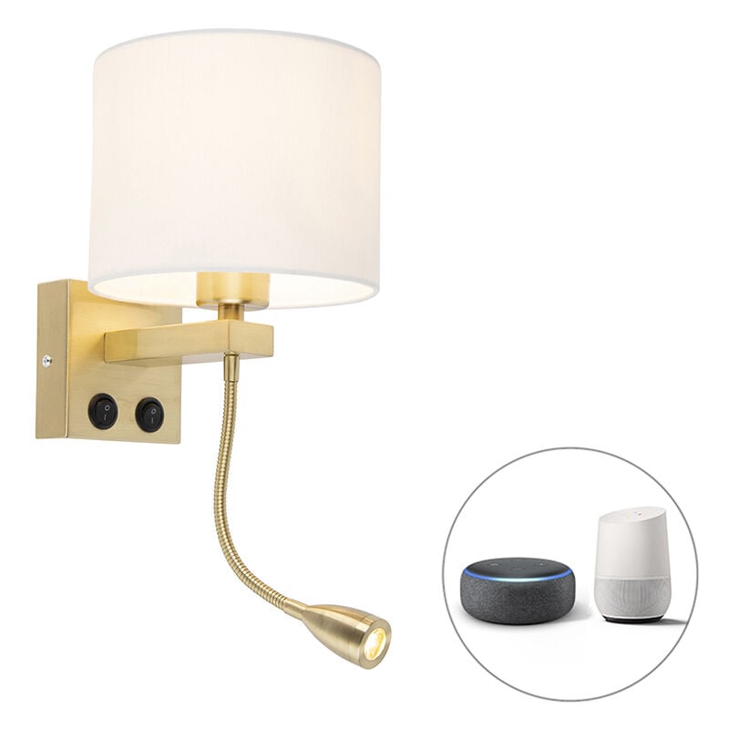 foto del prodotto qazqa applique con braccio flessibile brescia combi art d co acciaio,tessuto bianco oro tondo non sostituibile led max. 1 x 1 watt