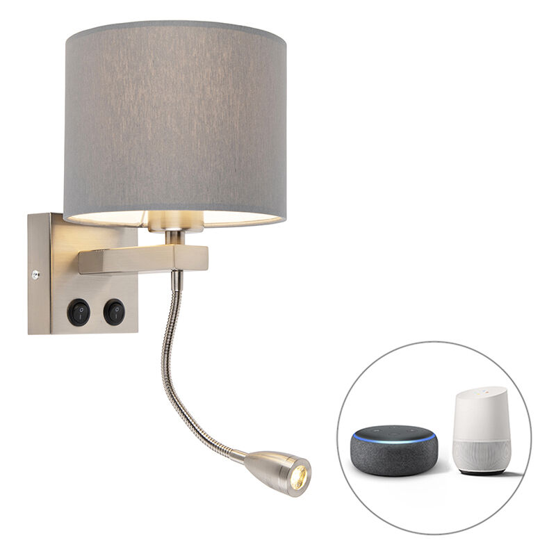 foto del prodotto qazqa applique con braccio flessibile brescia combi moderno acciaio,tessuto grigio acciaio tondo non sostituibile led max. 1 x 1 watt