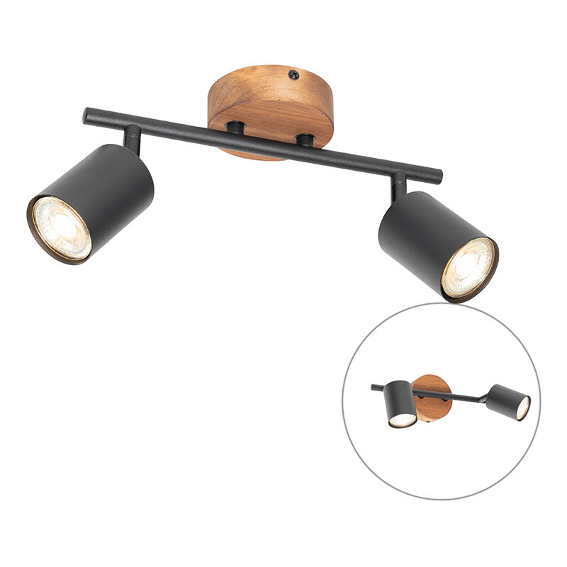 foto del prodotto qazqa faretto da soffitto parete jeana industriale acciaio,legno nero marrone oblungo max. 2 x watt