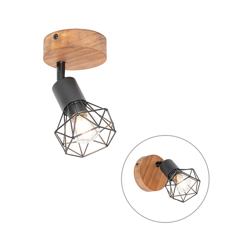 foto del prodotto qazqa faretto da soffitto parete mosh industriale acciaio,legno nero marrone tondo max. 1 x watt