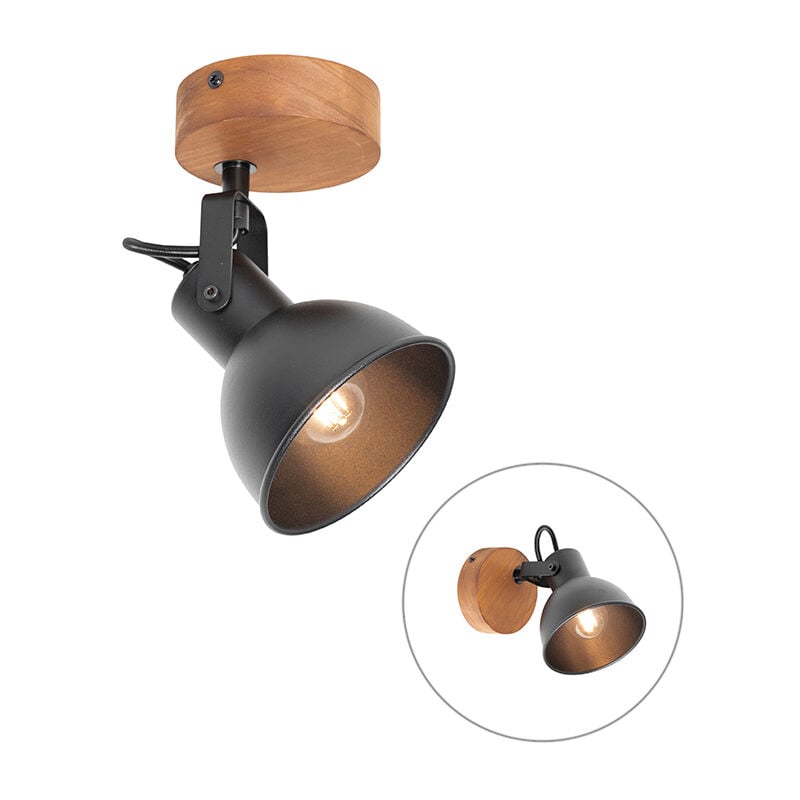 foto del prodotto qazqa faretto da soffitto parete tommy industriale acciaio,legno nero marrone tondo max. 1 x watt