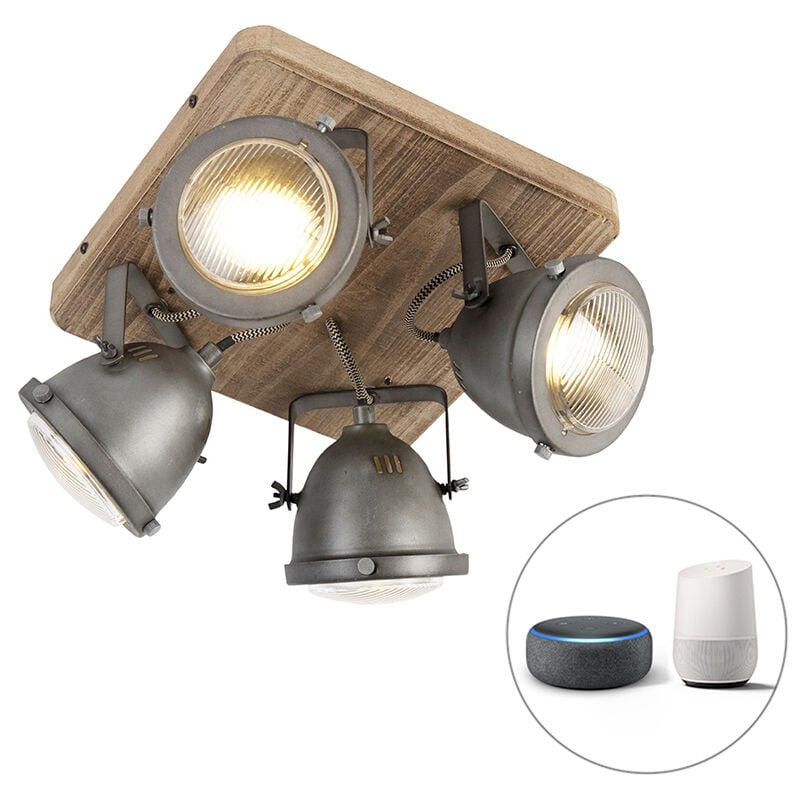 foto del prodotto qazqa faretto emado industriale acciaio,legno grigio marrone quadrato gu10 max. 4 x 5 watt