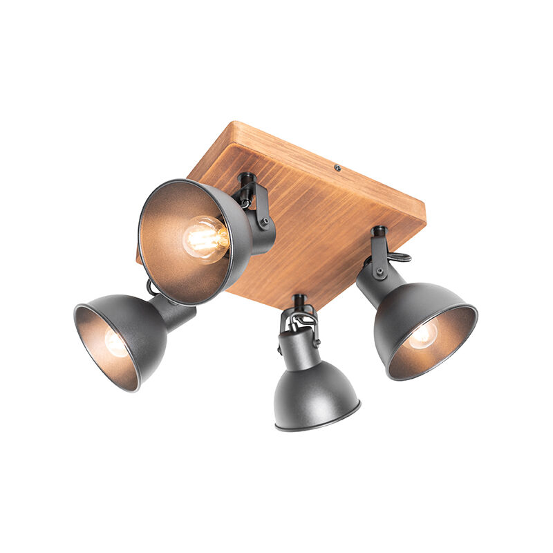 foto del prodotto qazqa faretto tommy industriale acciaio,legno nero marrone quadrato max. 4 x watt